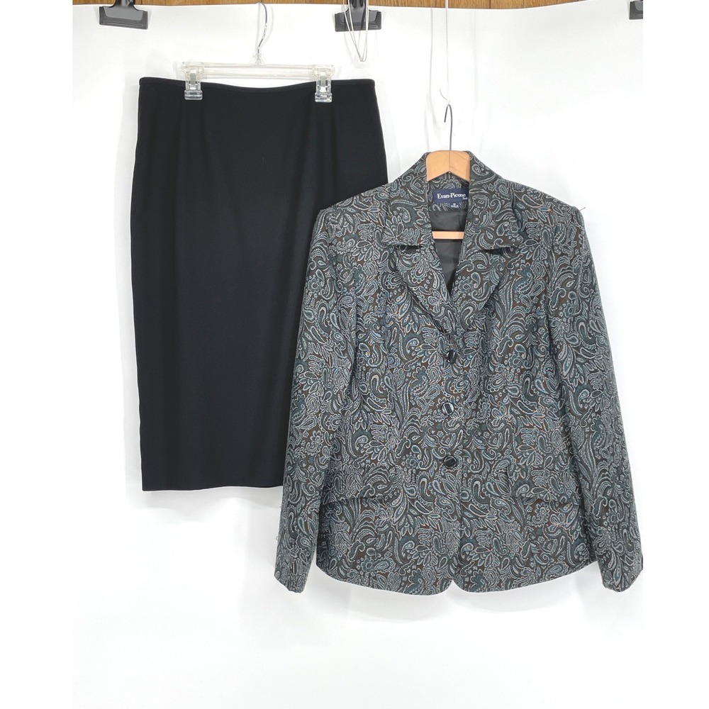 Evan-Picone Womens Suit Set 12 Blazer Skirt Blue Paisley Black Professional